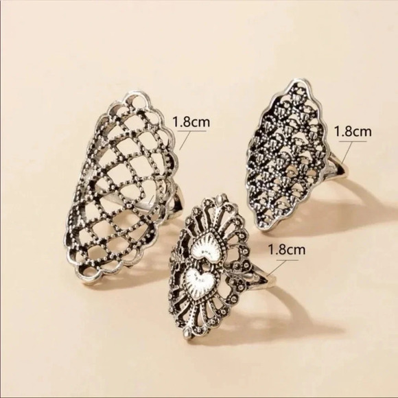 Antique Silver Statement Ring Set | Vintage Boho Filigree Jewelry - Picture 2 of 3